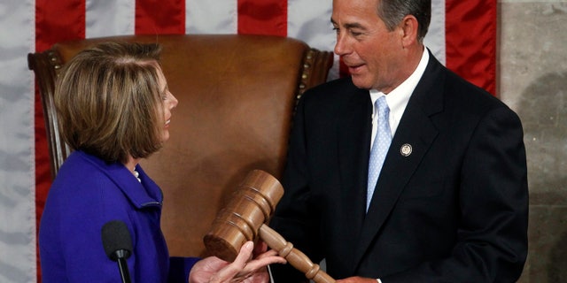 Back in 2011, outgoing House Speaker Nancy Pelosi (D-CA) hands the speaker's gavel to incoming House Speaker John Boehner (R-OH) after Boehner was elected Speaker on the opening day of the 112th United States Congr.