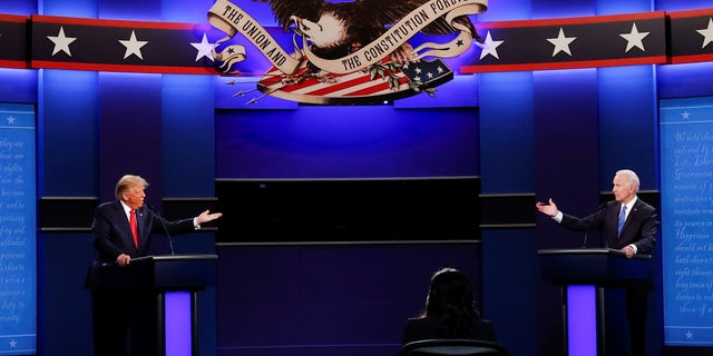 U.S. President Donald Trump and Democratic presidential nominee Joe Biden participate in their second 2020 presidential campaign debate at Belmont University in Nashville, Tennessee, U.S., October 22, 2020.