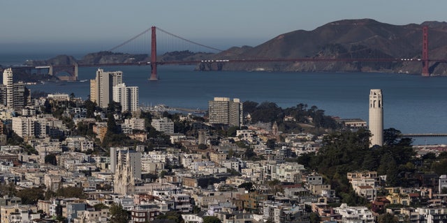 The San Francisco skyline and the Golden Gate Bridge on Oct. 28, 2021.