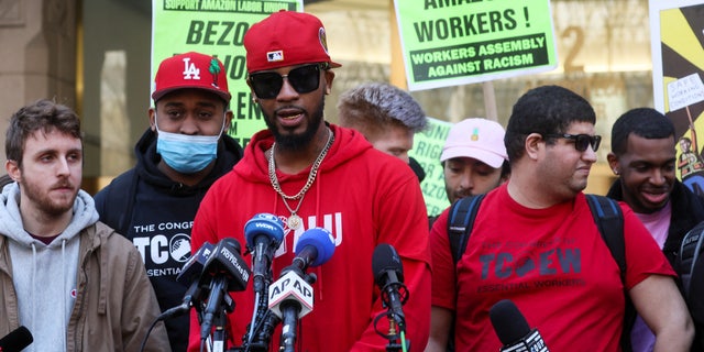 Amazon Labor Union organizer Christian Smalls speaks to the media as ALU members celebrate victory after hearing results regarding the vote to unionize outside the NLRB offices in Brooklyn, N.Y., April 1, 2022. 