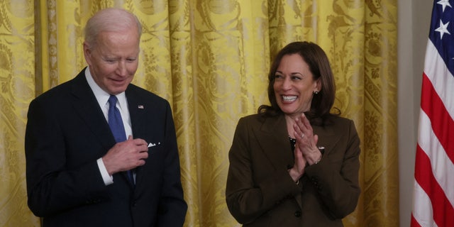 U.S. President Joe Biden and Vice President Kamala Harris listen as former U.S. President Barack Obama speaks about the Affordable Care Act and Medicaid at the White House in Washington, April 5, 2022.
