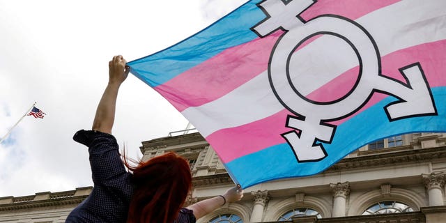 A person holds up a flag during a rally in New York City on Oct. 24, 2018, to protest a Trump administration proposal to narrow the definition of gender.