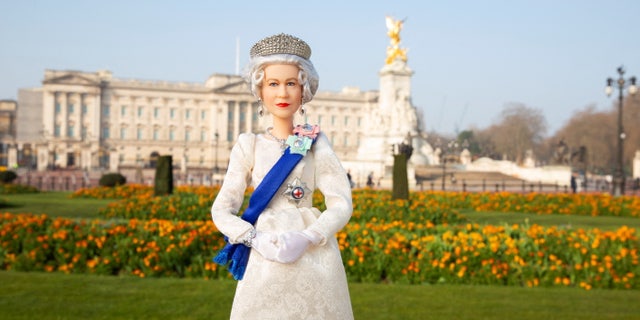 Undated handout photo of the Queen Elizabeth II Barbie doll to mark the British monarch's Platinum Jubilee. Mattel/Handout via REUTERS
