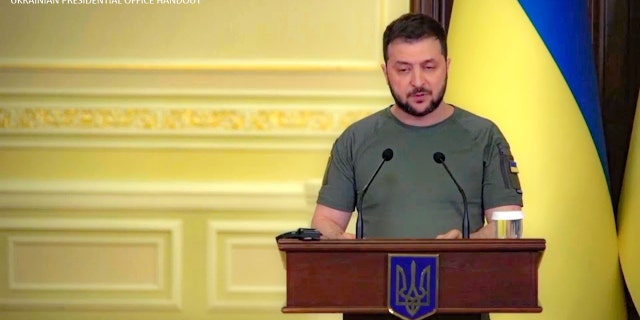 Ukrainian President Volodymyr Zelenskyy gives an address in Kyiv.
