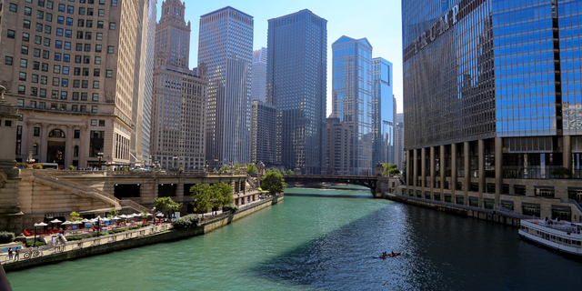 People kayak in the Chicago River in Chicago, Illinois, U.S., on Friday, July 24, 2020.