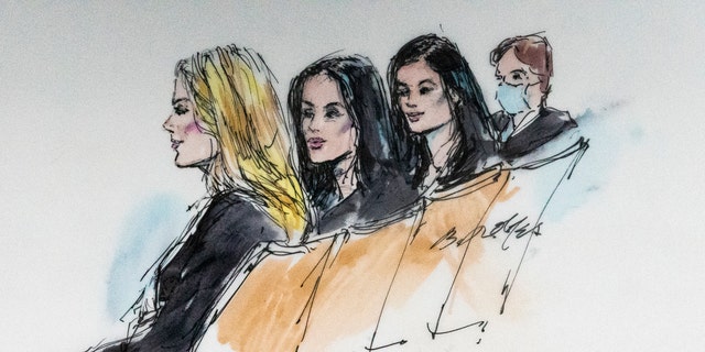 In this courtroom artist sketch, from left, Khloe Kardashian, Kim Kardashian, Kylie Jenner and Kris Jenner sit in court in Los Angeles, April 19, 2022.