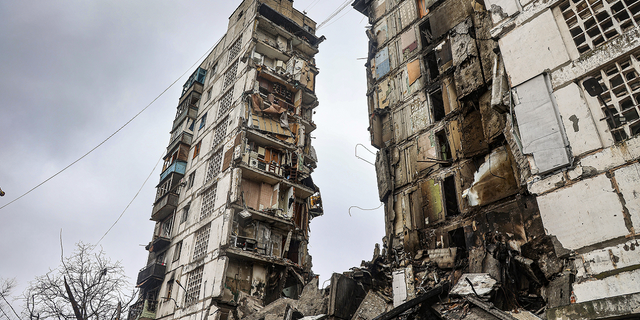 A building damaged during fighting is seen in Mariupol, Ukraine.