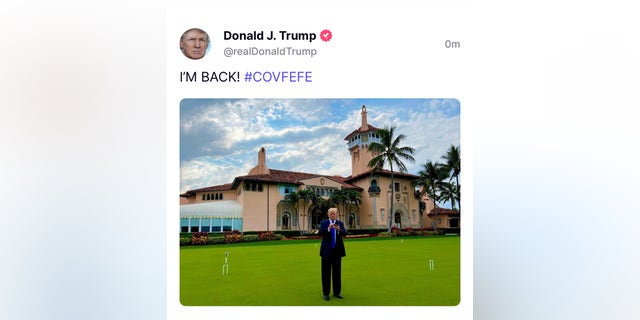"I’M BACK! #COVFEFE," Trump posted on TRUTH Social. (@realDonaldTrump post on TRUTH Social)
