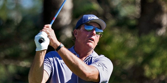 Phil Mickelson plays a shot from the second tee during the second round of the Tournament of Champions Jan. 7, 2022, at Kapalua Plantation Course in Kapalua, Hawaii. 