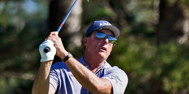 Phil Mickelson plays a shot from the second tee during the second round of the Tournament of Champions Jan. 7, 2022, at Kapalua Plantation Course in Kapalua, Hawaii.