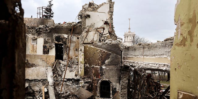 A view of the theater damaged during fighting in Mariupol, in eastern Ukraine, April 4, 2022. 