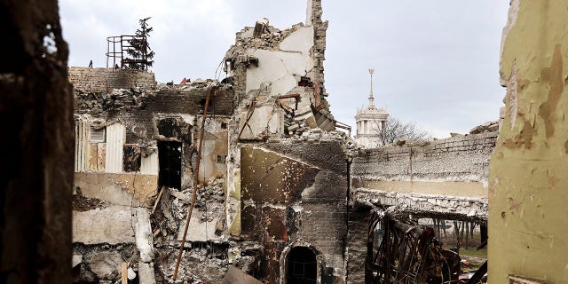 A view of the Mariupol theater damaged during fighting in Mariupol, in territory under the government of the Donetsk People's Republic, eastern Ukraine, Monday, April 4, 2022. 