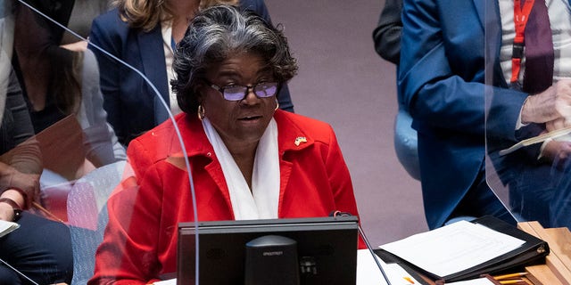 Linda Thomas-Greenfield, Permanent Representative of United States to the United Nations, speaks during a meeting of the UN Security Council on Tuesday at United Nations headquarters. 