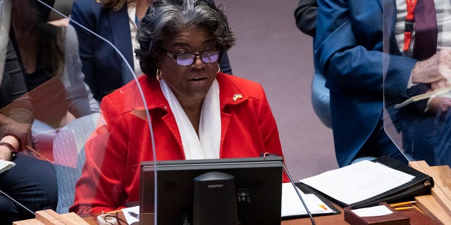 Linda Thomas-Greenfield, Permanent Representative of United States to the United Nations, speaks during a meeting of the UN Security Council on Tuesday at United Nations headquarters.