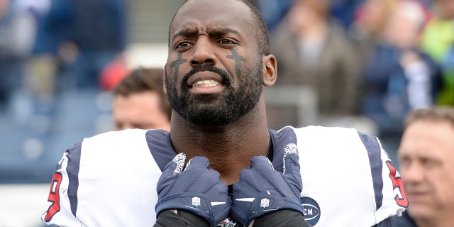 Houston Texans outside linebacker Whitney Mercilus stands for the national anthem before an NFL football game against the Tennessee Titans, Sunday, Dec. 15, 2019, in Nashville, Tenn.