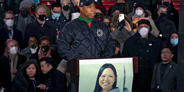 New York Mayor Eric Adams speaks during a candlelight vigil in honor of Michelle Alyssa Go, a victim of a subway attack, in New York's Times Square, Jan. 18, 2022.