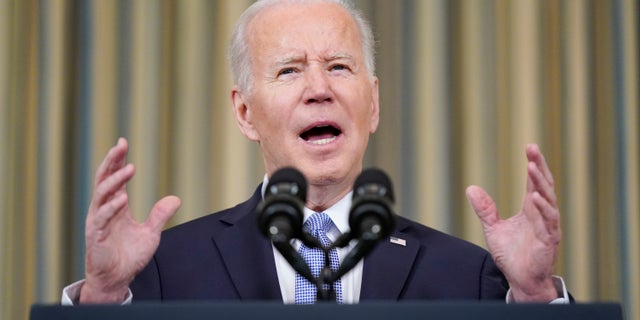 President Joe Biden speaks in the State Dining Room of the White House, Friday, April 1, 2022, in Washington. (AP Photo/Patrick Semansky, File)