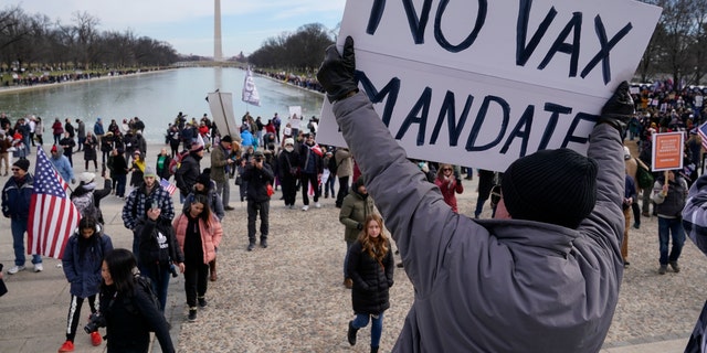 Protesters gathered for a rally against COVID-19 vaccine mandates in front of the Lincoln Memorial in Washington Jan. 23, 2022. 