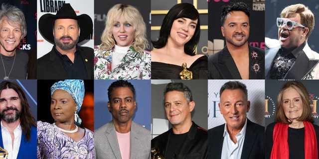 This photo combination shows, top row from left, Jon Bon Jovi, Garth Brooks, Miley Cyrus, Billie Eilish, Luis Fonsi, Elton John, bottom row from left, Juanes, Angélique Kidjo, Chris Rock , Alejandro Sanz, Bruce Springsteen and Gloria Steinem, who are among the celebrities expected to take part in a social media rally organized by Global Citizen to show their support for Ukraine.