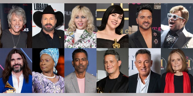 This combination of photos shows, top row from left, Jon Bon Jovi, Garth Brooks, Miley Cyrus, Billie Eilish, Luis Fonsi, Elton John, bottom row from left, Juanes, Angélique Kidjo, Chris Rock, Alejandro Sanz, Bruce Springsteen and Gloria Steinem, who are among the celebrities expected to participate in a Global Citizen-organized social media rally to show support for Ukraine.