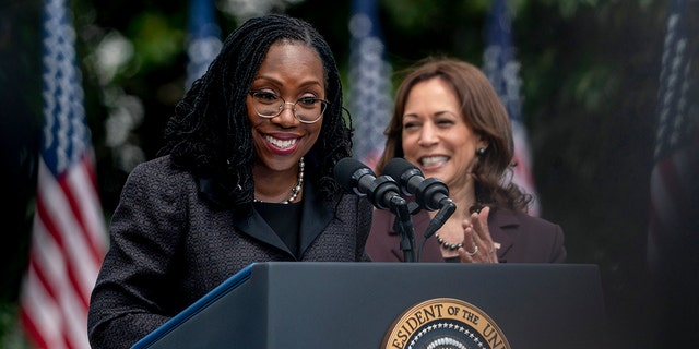 This will be the first term for new Justice Judge Ketanji Brown Jackson, accompanied here by Vice President Kamala Harris during an event on the South Lawn of the White House in Washington, Friday, April 8, 2022. (AP Photo/Andrew Harnik)