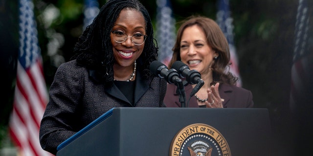 Judge Ketanji Brown Jackson, accompanied by Vice President Kamala Harris, speaks during an event on the South Lawn of the White House in Washington, Friday, April 8, 2022.