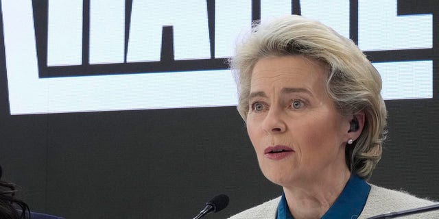 European Commission head Ursula von der Leyen, right, preside at the main event of the "Stand Up for Ukraine" global campaign for pledging funds for Ukraine and its refugees, at the Palace on the Water, in Warsaw, Poland, on Saturday, April 9, 2022.