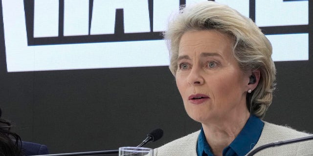 European Commission head Ursula von der Leyen, right, preside at the main event of the "Stand Up for Ukraine" global campaign for pledging funds for Ukraine and its refugees, at the Palace on the Water, in Warsaw, Poland, on Saturday, April 9, 2022.