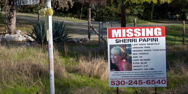 FILE - In this Nov. 10, 2016, file photo, a "missing" sign for Redding, Calif., resident Sherri Papini is seen near the location where the mother of two is initially believed to have gone missing while jogging. In March 2022, Papini was arrested on charges of faking her own kidnapping in 2016. She signed a plea deal on Tuesday, April 12, 2022 , in which she will plead guilty of lying to a federal officer and mail fraud, her attorney, William Portanova, first told The Sacrament Bee.