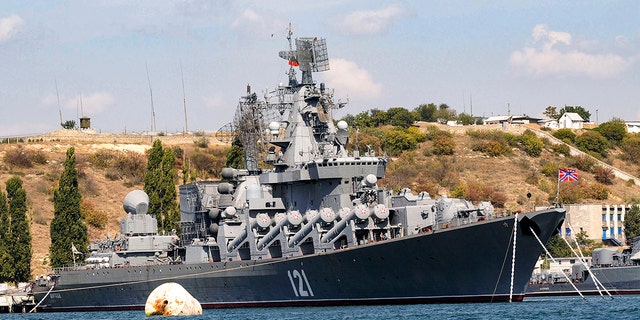 The Russian missile cruiser Moskva, flagship of Russia's Black Sea Fleet, is seen anchored in the Black Sea port of Sevastopol, September 11, 2008.