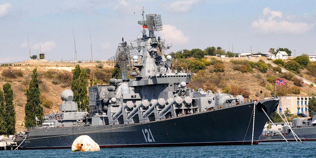 The Russian missile cruiser Moskva, the flagship of Russia's Black Sea Fleet is seen anchored in the Black Sea port of Sevastopol, on Sept. 11, 2008. 