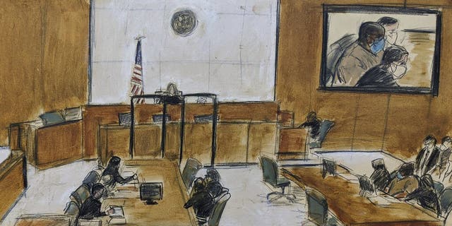 In this courtroom sketch, Frank James, seated at center of right table, and on left of the screen, upper right, appears during the brief proceeding in a federal court in the Brooklyn borough of New York, Thursday, April 14, 2022. James, accused of opening fire on a crowded subway train in Brooklyn, was ordered held without bail as prosecutors told a judge Thursday he terrified all of New York City.