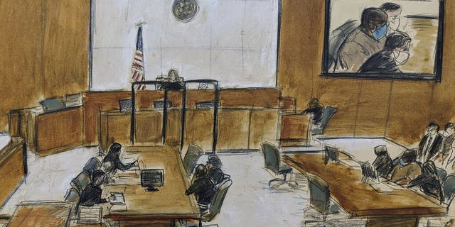 In this courtroom sketch, Frank James, seated at center of right table, and on left of the screen, upper right, appears during the brief proceeding in a federal court in the Brooklyn borough of New York, Thursday, April 14, 2022. James, accused of opening fire on a crowded subway train in Brooklyn, was ordered held without bail as prosecutors told a judge Thursday he terrified all of New York City.