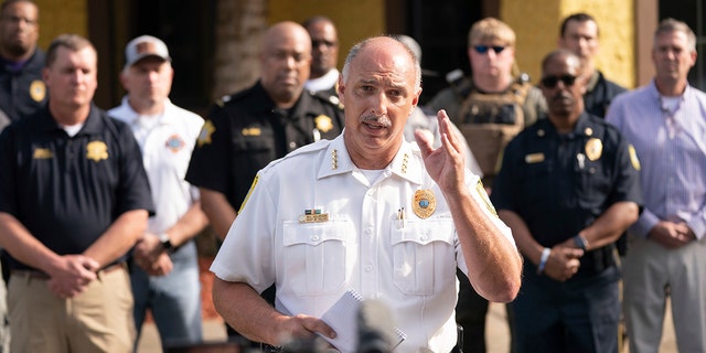 Columbia Police Chief Skip Holbrook speaks to members of the media near Columbiana Centre mall in Columbia, S.C., following a shooting, Saturday, April 16, 2022.