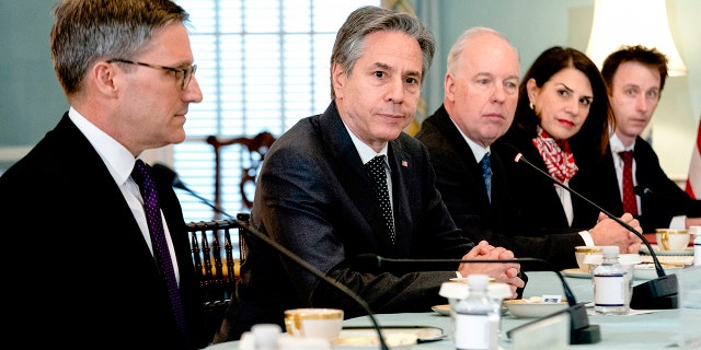 Secretary of State Antony Blinken hosts a bilateral meeting with Moldovan Minister of Foreign Affairs Nicu Popescu at the State Department in Washington, Monday, April 18, 2022. (Stefani Reynolds/Pool via AP)