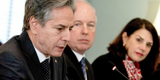 Secretary of State Antony Blinken hosts a bilateral meeting with Moldovan Minister of Foreign Affairs Nicu Popescu at the State Department in Washington, Monday, April 18, 2022.