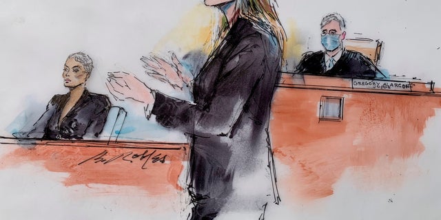 In this courtroom artist sketch, Los Angeles Superior Court Judge Gregory W. Alarcon sits in court in Los Angeles, Tuesday, April 19, 2022.