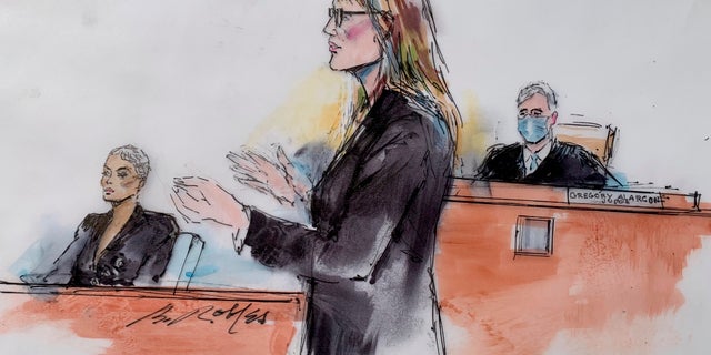 In this courtroom artist sketch, Los Angeles Superior Court Judge Gregory W. Alarcon sits in court in Los Angeles, Tuesday, April 19, 2022.