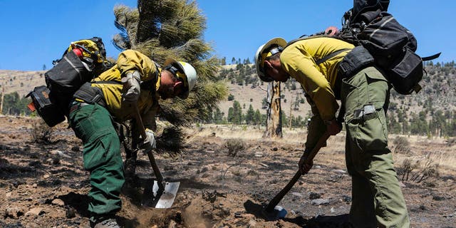 Two firefighters monitor hot spots from a wildfire burning on the outskirts of Flagstaff, Ariz., Thursday, April 21, 2022. (Rachel Gibbons/Arizona Daily Sun via Online News 72h)