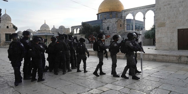 Israeli police deploy in the Al Aqsa Mosque compound in Jerusalem's Old City, Friday, April 22, 2022.