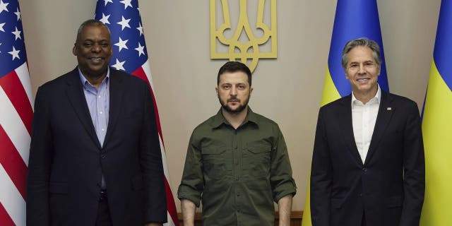 In this photo provided by the Ukrainian Presidential Press Office on Monday, April 25, 2022, from left; U.S. Secretary of Defense Lloyd Austin, Ukrainian President Volodymyr Zelenskyy and U.S. Secretary of State Antony Blinken pose for a picture during their meeting Sunday, April 24, 2022, in Kyiv, Ukraine. 