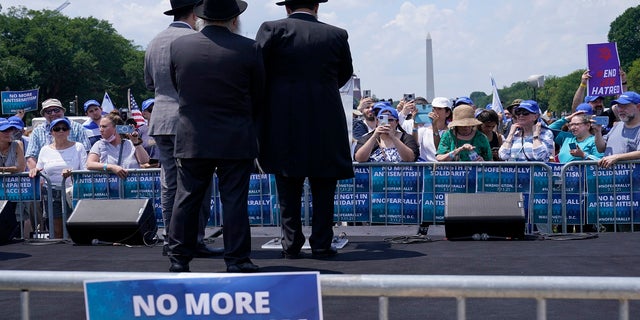 People attend the "No Fear: Rally in Solidarity with the Jewish People" in Washington, July 11, 2021, co-sponsored by the Alliance for Israel, Anti-Defamation League, American Jewish Committee, B'nai B'rith International and other organizations.