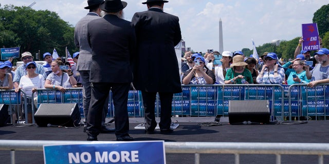 People attend the "No Fear: Rally in Solidarity with the Jewish People" event in Washington July 11, 2021. It was cosponsored by the Alliance for Israel, Anti-Defamation League, American Jewish Committee, B'nai B'rith International and other organizations.