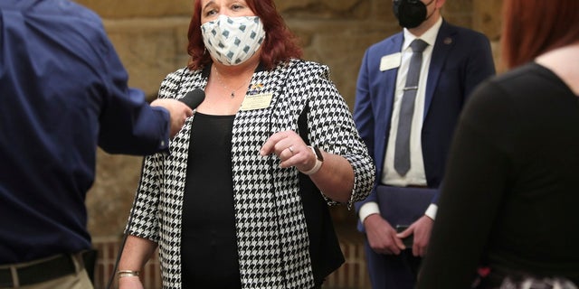 Kansas State Rep. Stephanie Byers speaks to reporters on February 23, 2021 at the Statehouse in Topeka, Kansas.