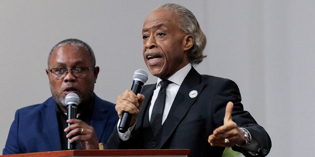 Rev. Al Sharpton delivers the eulogy at the funeral of Patrick Lyoya, who was shot and killed by a Grand Rapids Police officer during a traffic stop on April 4, at Renaissance Church of God in Christ in Grand Rapids, Michigan, April 22, 2022. 