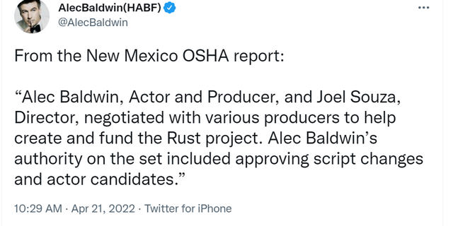 Alec Baldwin tweeted a portion of OSHA's report.