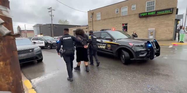 Police officers escort a protester into a vehicle. (Courtest, @WickPhoto)