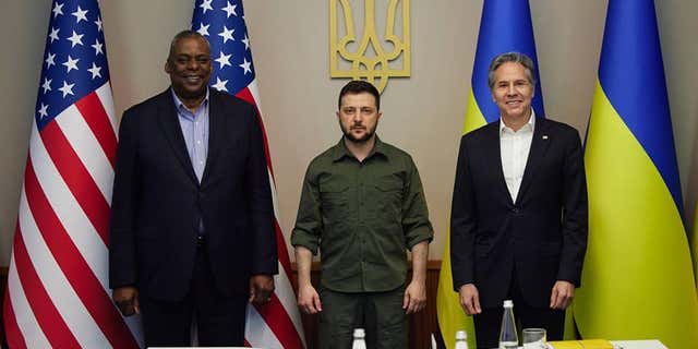 U.S. Secretary of Defense Lloyd Austin, Ukraine President Volodymyr Zelenskyy and U.S. Secretary of State Antony Blinken meet in Kyiv, Ukraine on Sunday.