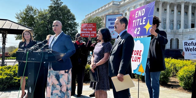 Rep. Ayanna Pressley, D-Mass., Speaks outside the Capitol on April 28, 2022 with other progressives and activists in support of repealing the Title 42 public health order at the border.
