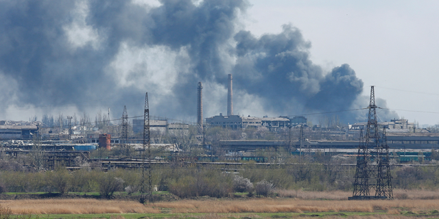 Smoke rises above the Mariupol Azovstal Iron and Steel Works factory Wednesday April 20.